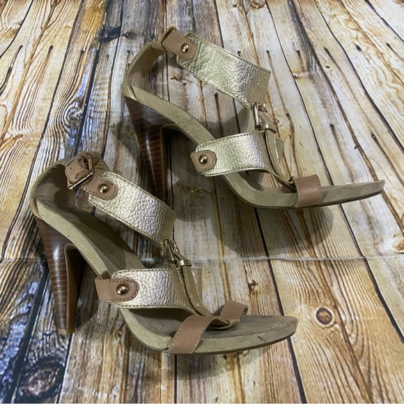 Nine West Snookso Gold Leather 4” Stiletto Open Toe Heels Size 6.5 - Picture 3 of 6